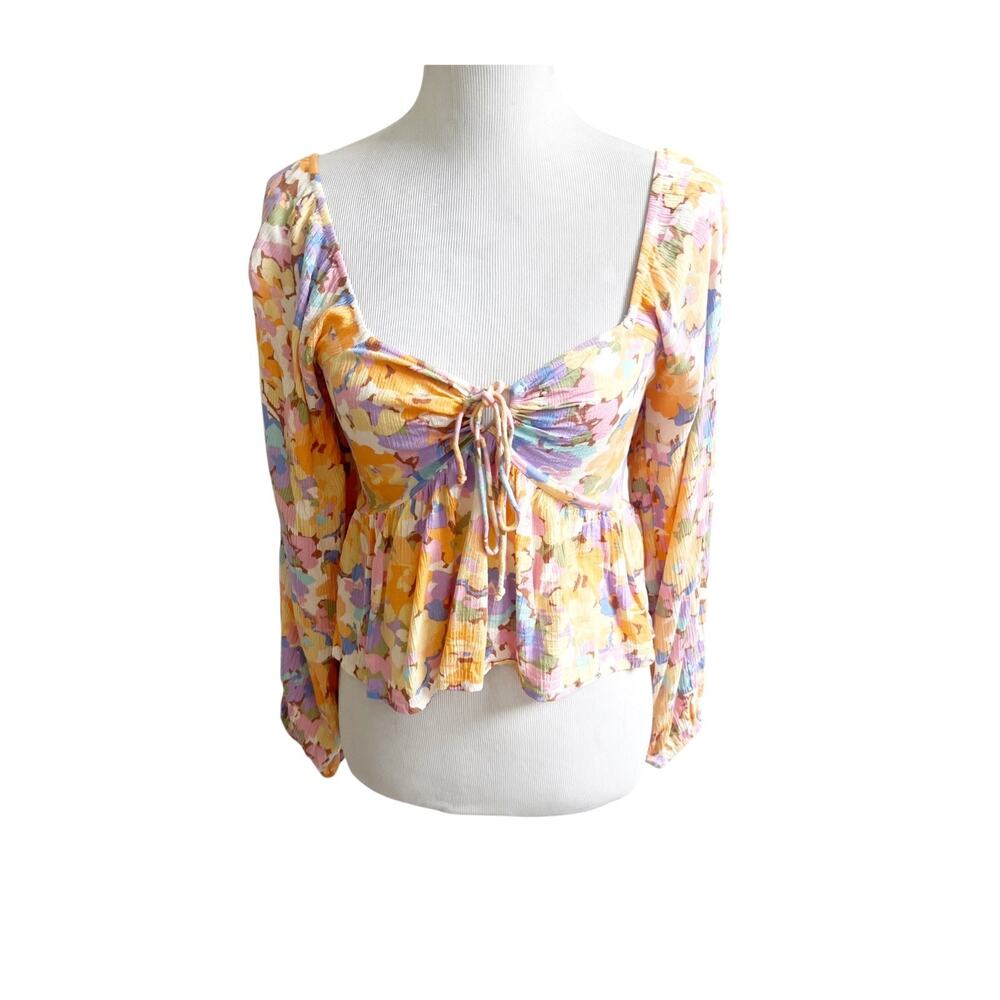 Billabong Blouse Womens Medium Multicolor Floral Smocked Cropped Sweetheart Neck